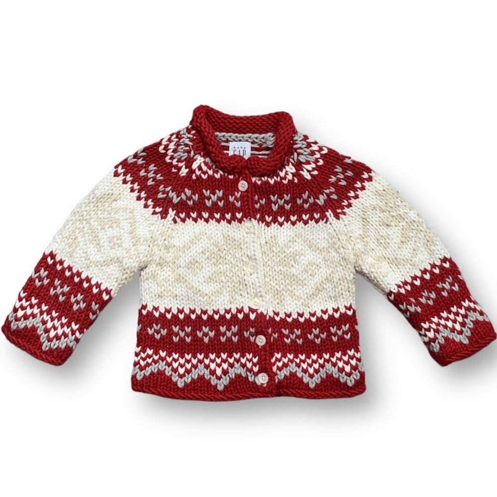 Baby GAP Fair Isle Nordic Knit Cardigan Sweater Red Cream 2 Years Wool Blend